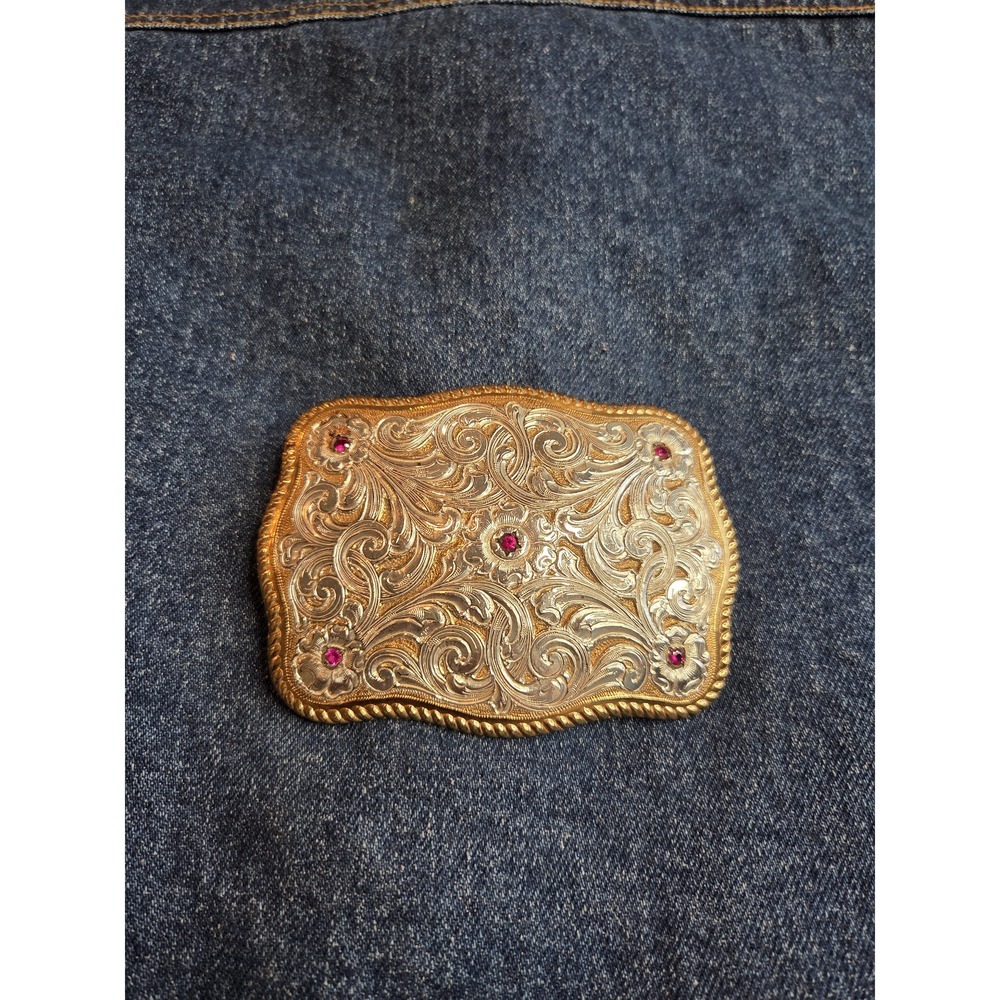 Vintage Crumrine Large Silver Gold Belt Buckle Ruby Stones Western Rodeo